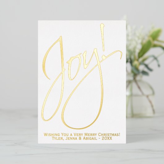 Joy! Minimale kerstgoud en witte foto terug Folie Feestdagenkaart (Staand Voorkant)
