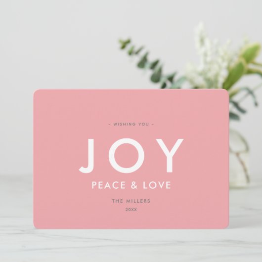 JOY Minimalist Modern Pink Christmas Kaart (Staand voorkant)