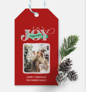 JOY Modern Bold Script Minimalistische foto Kerstm Cadeaulabel