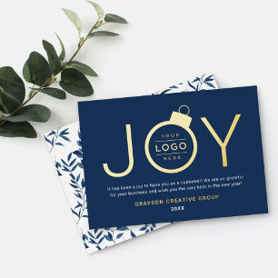 Joy Modern Gold en Navy Logo Ornament Folie Feestdagenkaart
