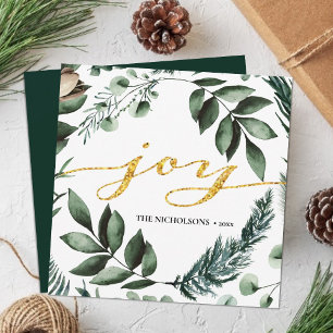 JOY Modern Gold Script Magnolia Floral Pine Bough Feestdagenkaart