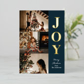 Joy Modern Kerstkaart Blauw Goud 3 Foto Collage Folie Feestdagenkaart (Staand Voorkant)