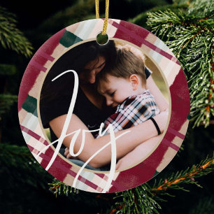 Joy   Moderne maroon & groene Waterverf foto Keramisch Ornament