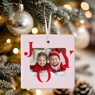 JOY Moderne Rood & Roze Kerst Foto Cadeau Keramisch Ornament