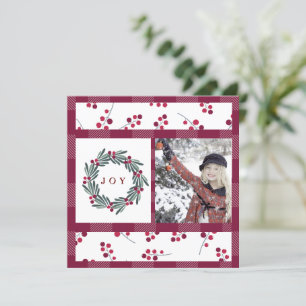"JOY" Monogram Foto Holly Berry Wreath Holiday