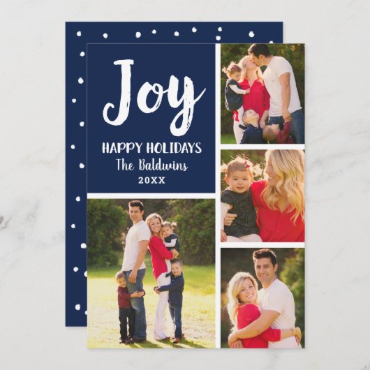 Joy Navy Blauw Geborsteld Script Fotocollage Feestdagenkaart (Voorkant / Achterkant)