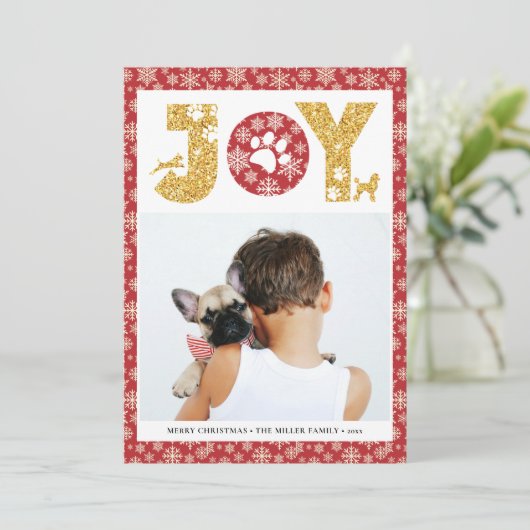 JOY Paws Gold | Pet Lovers Snowflakes in rood Feestdagenkaart (Staand voorkant)