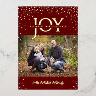 JOY Peace and Love Gold Confetti Dark Red 2-foto Folie Feestdagenkaart