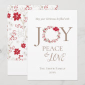 JOY PEACE LOVE Kerstkrans | Rood Beige Feestdagenkaart (Voorkant / Achterkant)