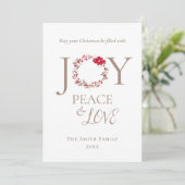 JOY PEACE LOVE Kerstkrans | Rood Beige Feestdagenkaart (Staand voorkant)