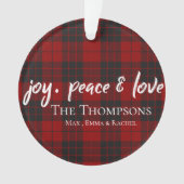 Joy Peace Love Red Plaid Photo Arbre de Noël (devant)