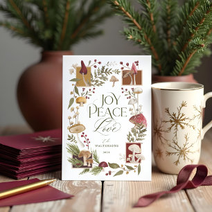 Joy Peace Love Waterverf Woodsy Mushrooms Foto Feestdagenkaart
