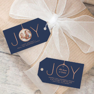 JOY Photo Navy Blue Copper Elegant Modern Holiday Cadeaulabel