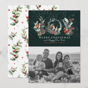 JOY Pine Cone Red Berry Bird Groene Kerstfoto Feestdagenkaart