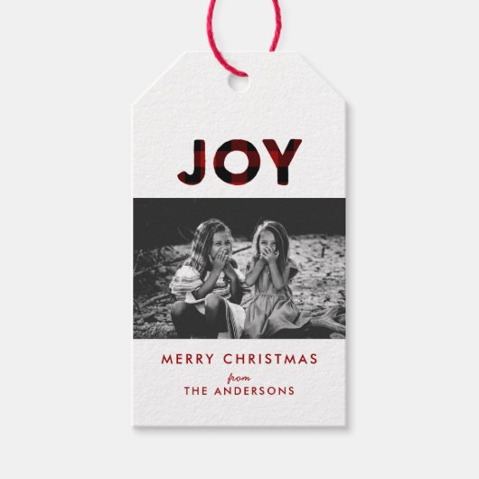 Joy Red Buffalo Plaid Kerst Foto Gift Label Cadeaulabel (Voorkant)