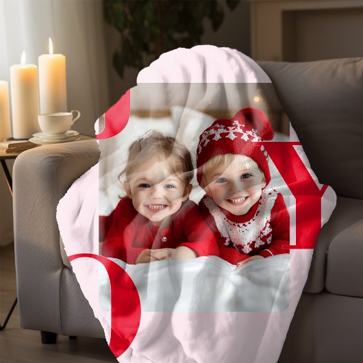 JOY | Red & Pink Modern Christmas Photo Fleece Deken