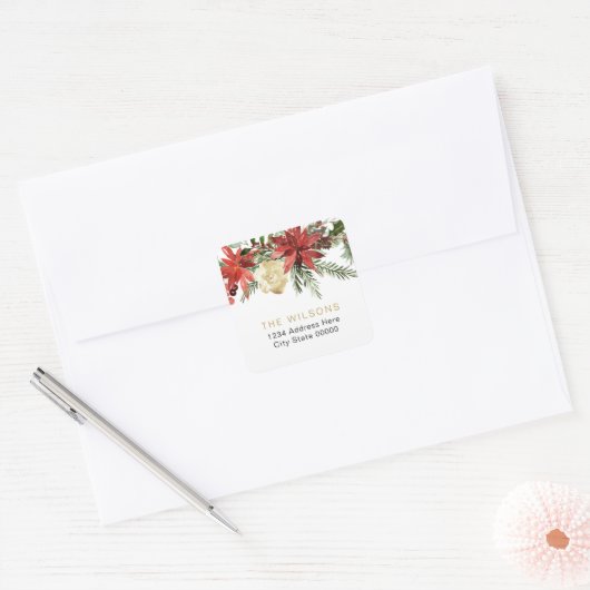 JOY Red Poinsettia Kerst retour adreslabel Vierkante Sticker (Envelop)