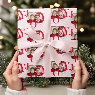 JOY Rood & Roze Modern Kerst Foto Cadeaupapier