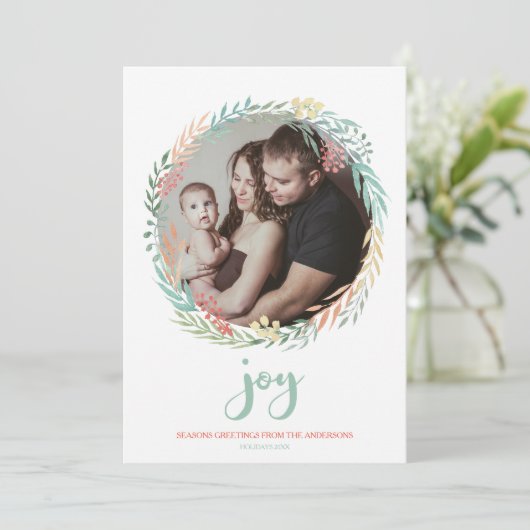 Joy - Rustic Minty Waterverf Krans Vakantiefoto Feestdagenkaart (Staand voorkant)