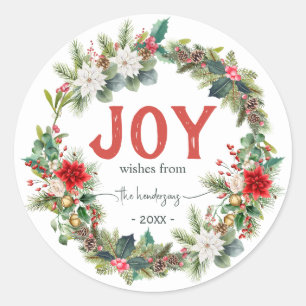 Joy Rustieke Typografie Naam Kerstkrans Rood  Ronde Sticker