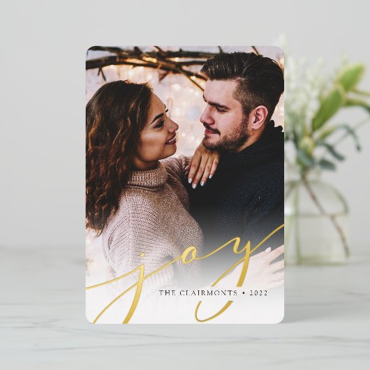 Joy Script | Elegant kerstmis Folie Feestdagenkaart (Staand Voorkant)