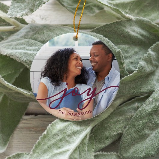 Joy Script | Familienaam Dubbele foto Keramisch Ornament