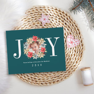 Joy Simple Farmhouse Poinsettia Wreath and Photo Feestdagenkaart