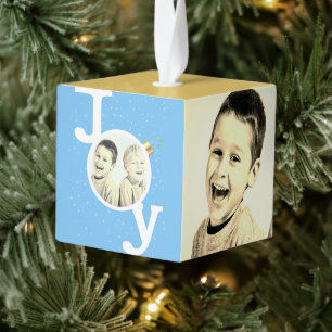 Joy sky blauw zanderig geel zomer kerstfoto kubus ornament