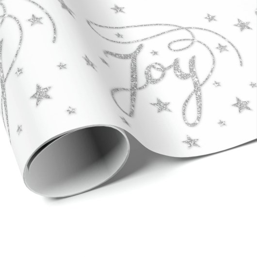 JOY Text Pattern in Faux Silver Glitter look Stars Cadeaupapier (Rol Hoek)