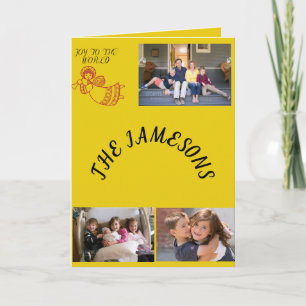 Joy to the World 3 foto's Gele achtergrond Feestdagen Kaart