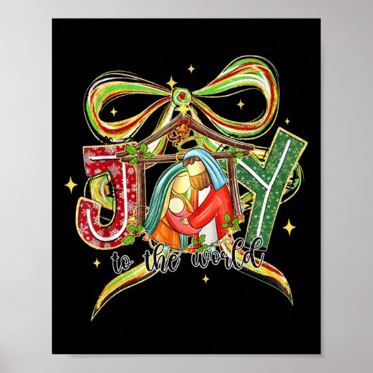 Joy To The World Coquette Bow Christmas Nativity C Poster (Voorkant)