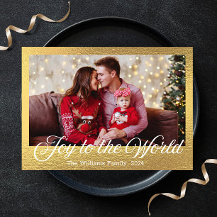 Joy to the World, Modern Script Gouden folie Foto Feestdagenkaart