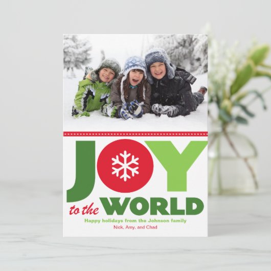 Joy to the World Rood & Groen Vakantiefoto Feestdagenkaart (Staand voorkant)