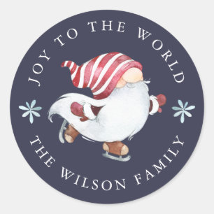 Joy to the World Skating Nisse Gnome Ronde Sticker