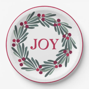 "JOY" Typografie Holly Berry Wreath Red Papieren Bordje