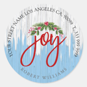 Joy typografie op bijtend geschilderd hout ronde sticker