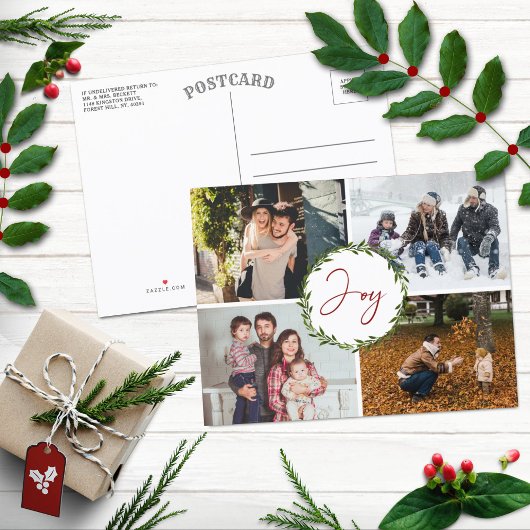 Joy Typografie Script Wreated 4-foto met Kerstmis Feestdagenkaart