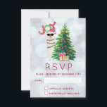 Joy Typography | Christmas Llama RSVP<br><div class="desc">Une carte RSVP de Noël avec une drôle d'illustration. Un mignon lama portant des lunettes de soleil noires et un chapeau de santa rouge. Derrière un sapin de Noël avec des cadeaux festifs. Le mot Joy écrit au-dessus de sa tête dans une police de vacances colorée. Arrière - plan de...</div>