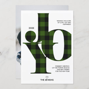Joy Typography Green Buffalo Pset Photo Holiday Kaart