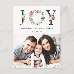 JOY Typography Poinsettia Floral kerstfoto Briefkaart