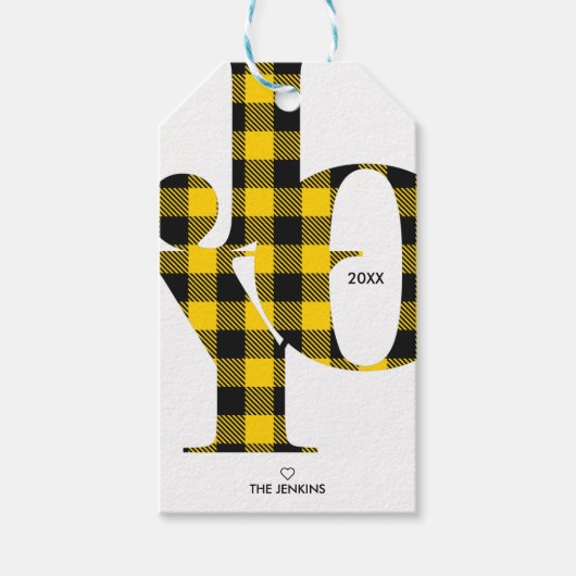 Joy Typography Yellow Buffalo Play Holiday Cadeaulabel (Voorkant)