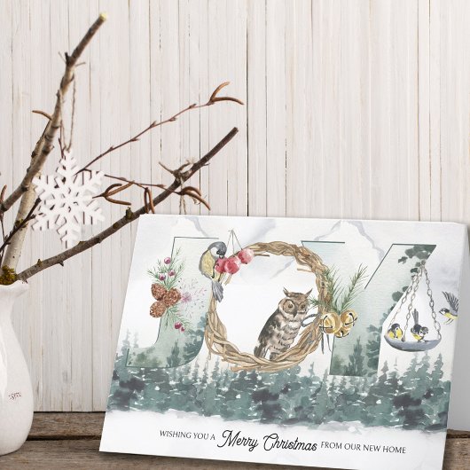 Joy uit New Home Forest Natuur Holiday Moving Aankondiging