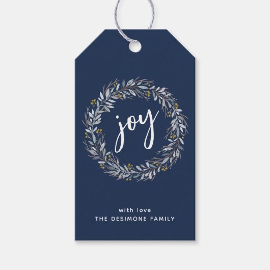 Joy Waterverf Botanische krans Kerstblauw Cadeaulabel (Voorkant)
