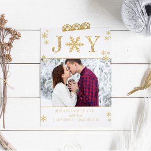 "Joy" White & Gold Snowflakes Foto met Kerstmis Ka Feestdagenkaart