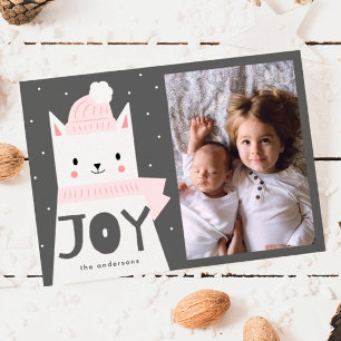 JOY White kerstkat Family Foto Feestdagenkaart