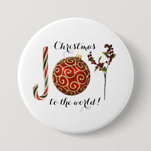 Joy word art candy cane ornament and holly ronde button 7,6 cm