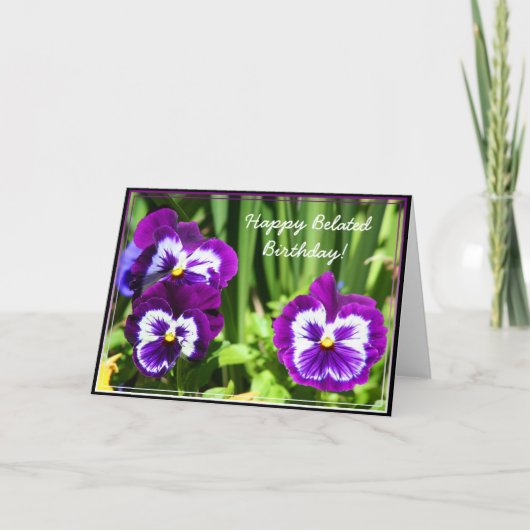 Joyeuse Anniversaire Belated Purple Pansies carte (Devant)