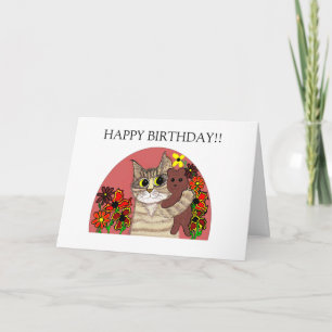 joyeuse carte d'anniversaire enfant chat tenant pe