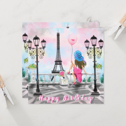 Joyeuse carte d'anniversaire femme avec ballon ros (Devant/Arrière en situation)