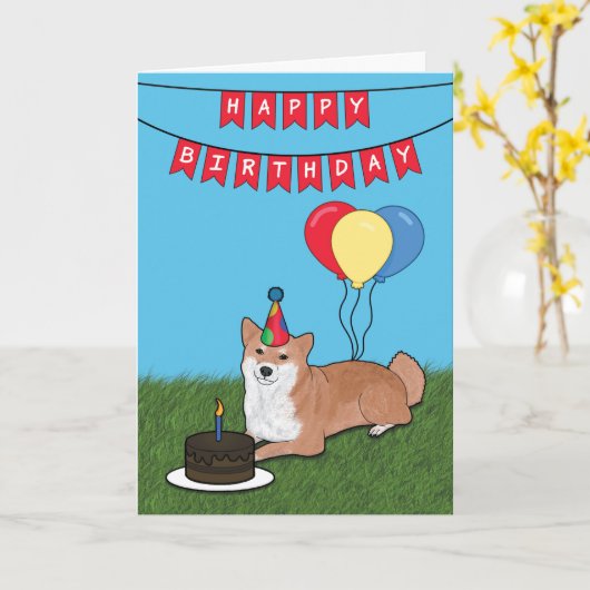 Joyeuse carte de chien Shiba Inu pour anniversaire (Fleur jaune)